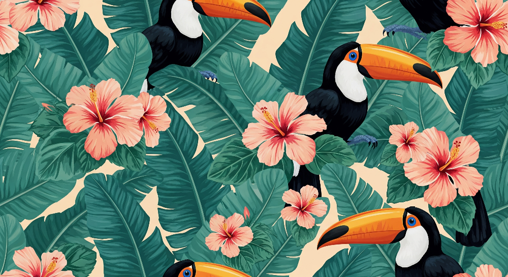 Kids-Mundo flat artwork of toucans and hibiscus flowers in a jungle leaf pattern