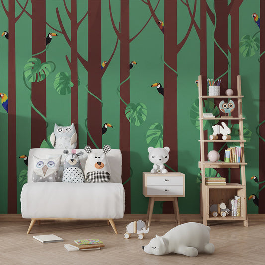 Kids-Mundo toucan and monstera leaf wall mural behind a bed in a child's bedroom