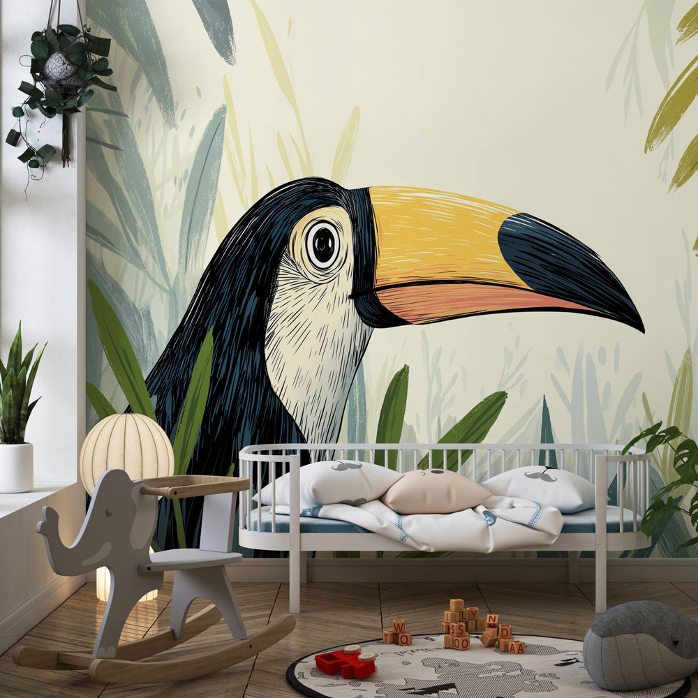 Tropical toucan wallpaper creating adventurous children's bedroom with lush green foliage