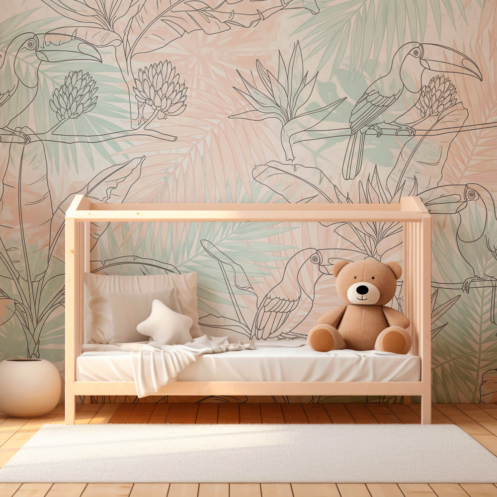 Toucan wallpaper transforming kids bedroom with tropical jungle theme and lush green foliage
