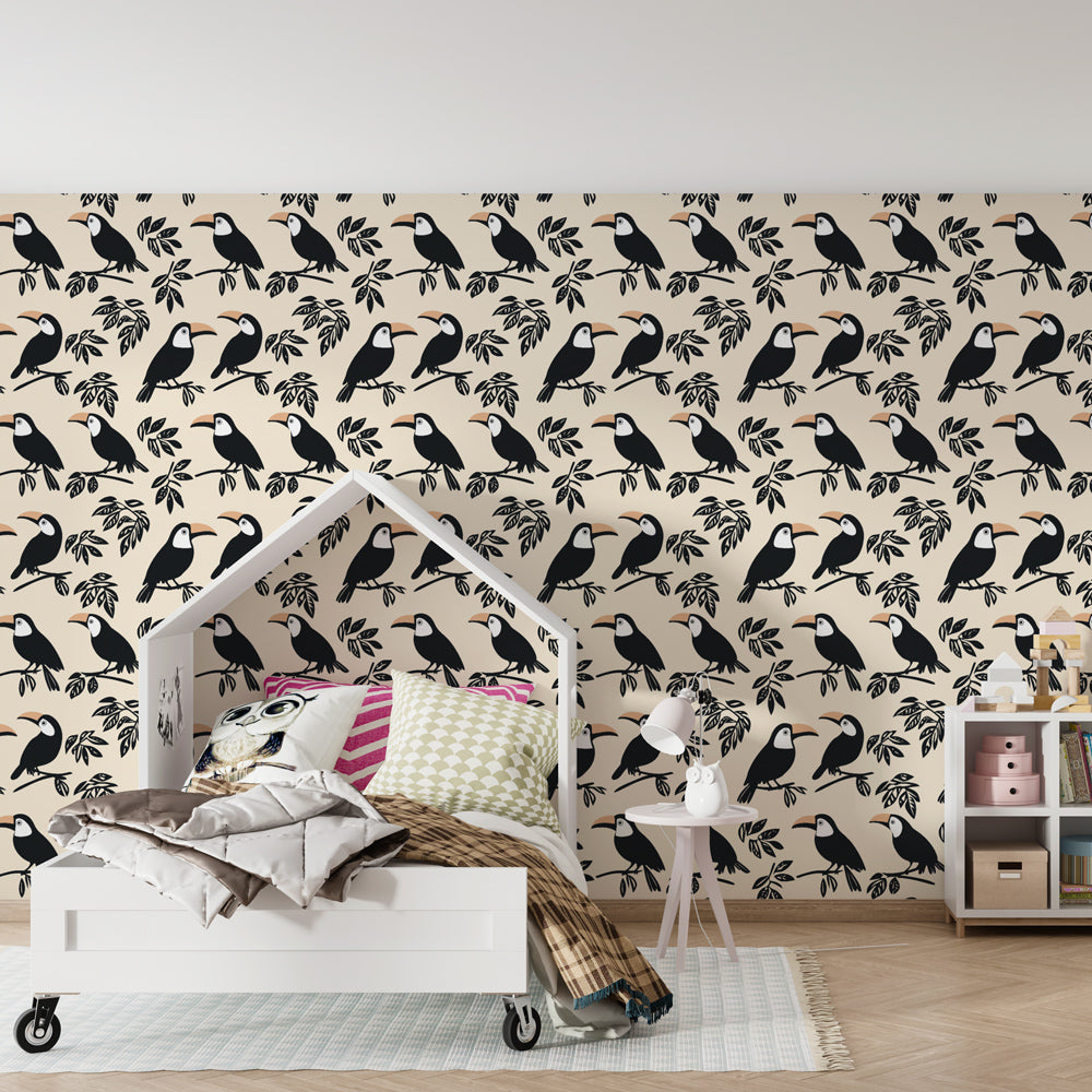 Stylized toucan wallpaper transforming modern kids bedroom with soft tropical bird design