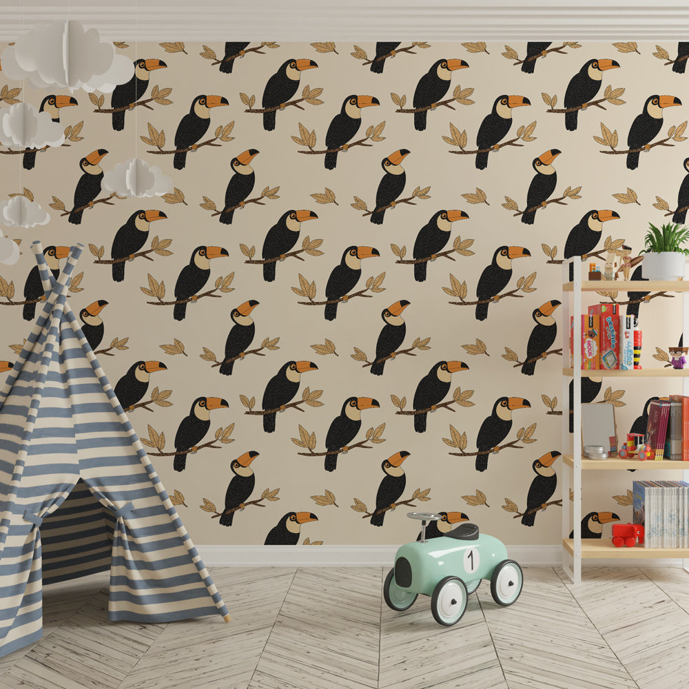 Tropical toucan wallpaper transforming children's bedroom with colorful birds and nature theme
