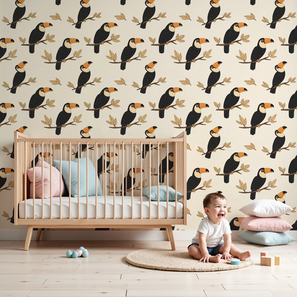 Toucan mural wallpaper creating tropical nursery decor with elegant birds on beige background by Kids-Mundo