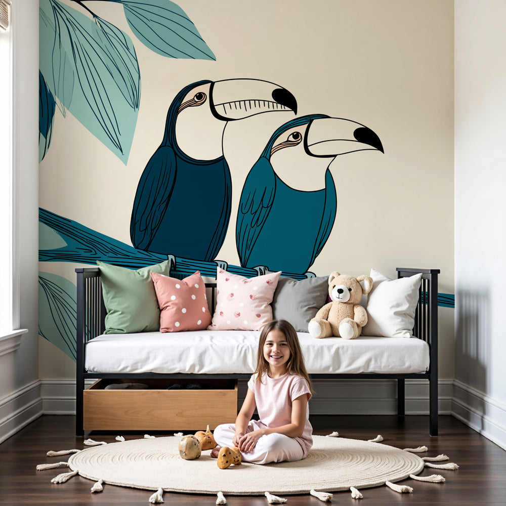 Toucan mural wallpaper creating tropical nursery decor with colorful birds on branch by Kids-Mundo
