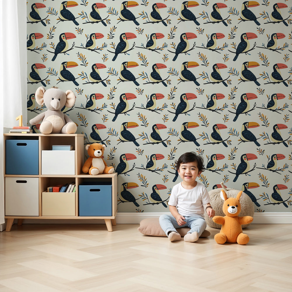 Colorful toucan mural wallpaper creating tropical nursery decor with vibrant bird motifs by Kids-Mundo