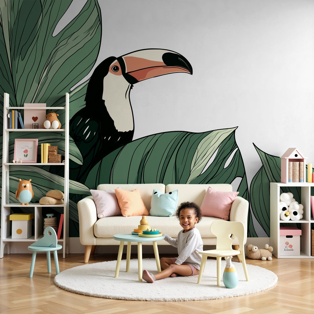 Toucan tropical mural wallpaper in modern nursery with natural wood crib by Kids-Mundo