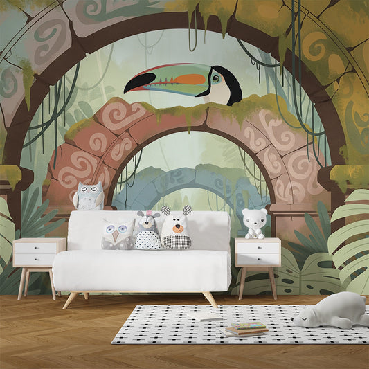 Kids-Mundo toucan ruins wall mural styled in an explorer-themed kids bedroom