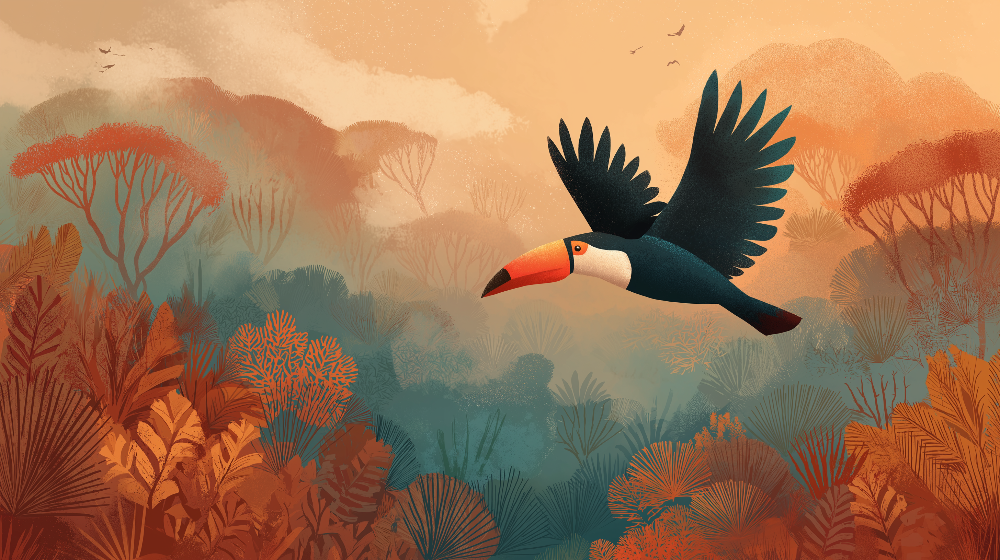 Toucan Flying Over a Sunset Jungle Wall Mural