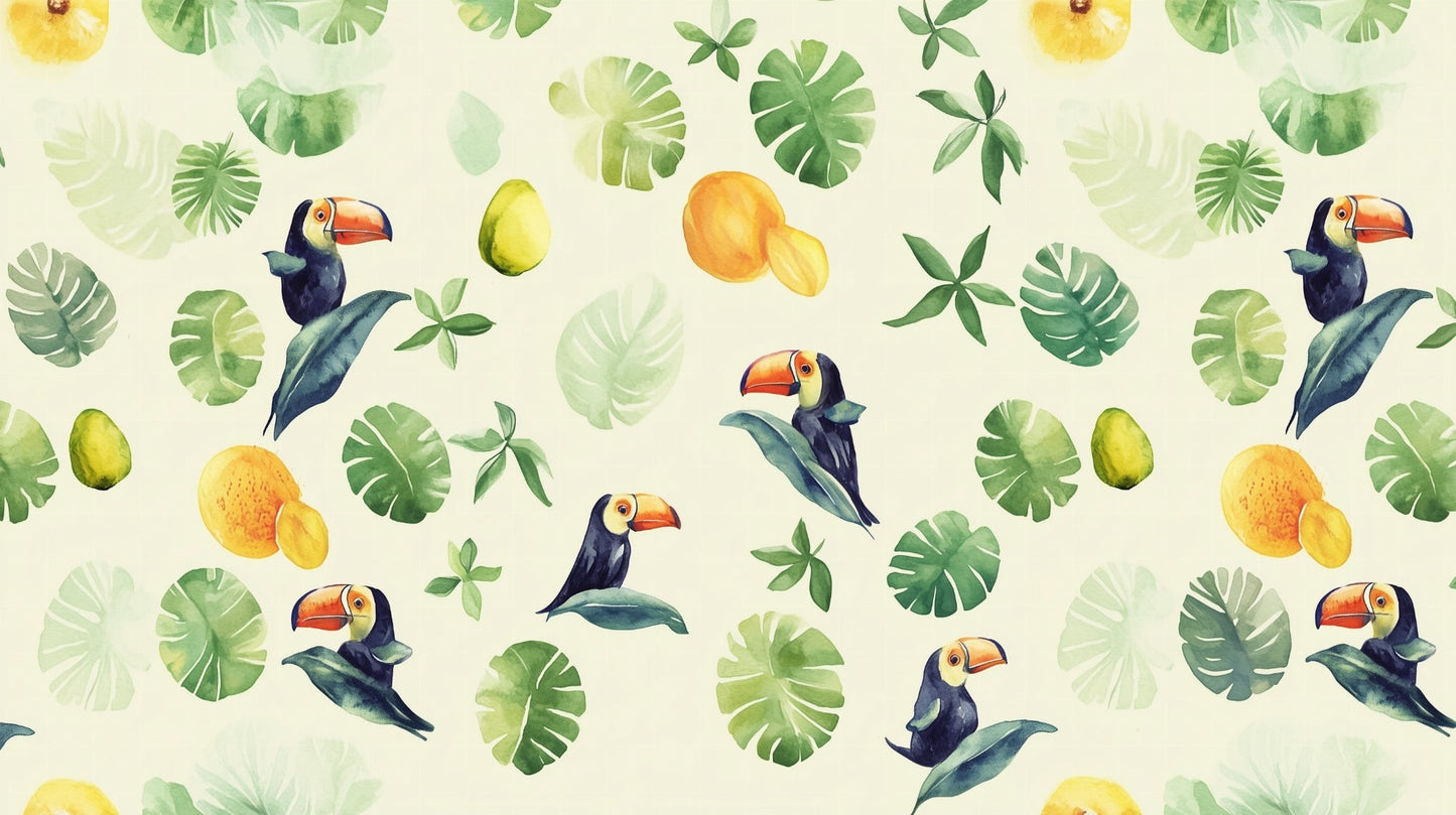 Kids-Mundo toucan and tropical fruit mural artwork showing toucans, monstera leaves and ripe mango