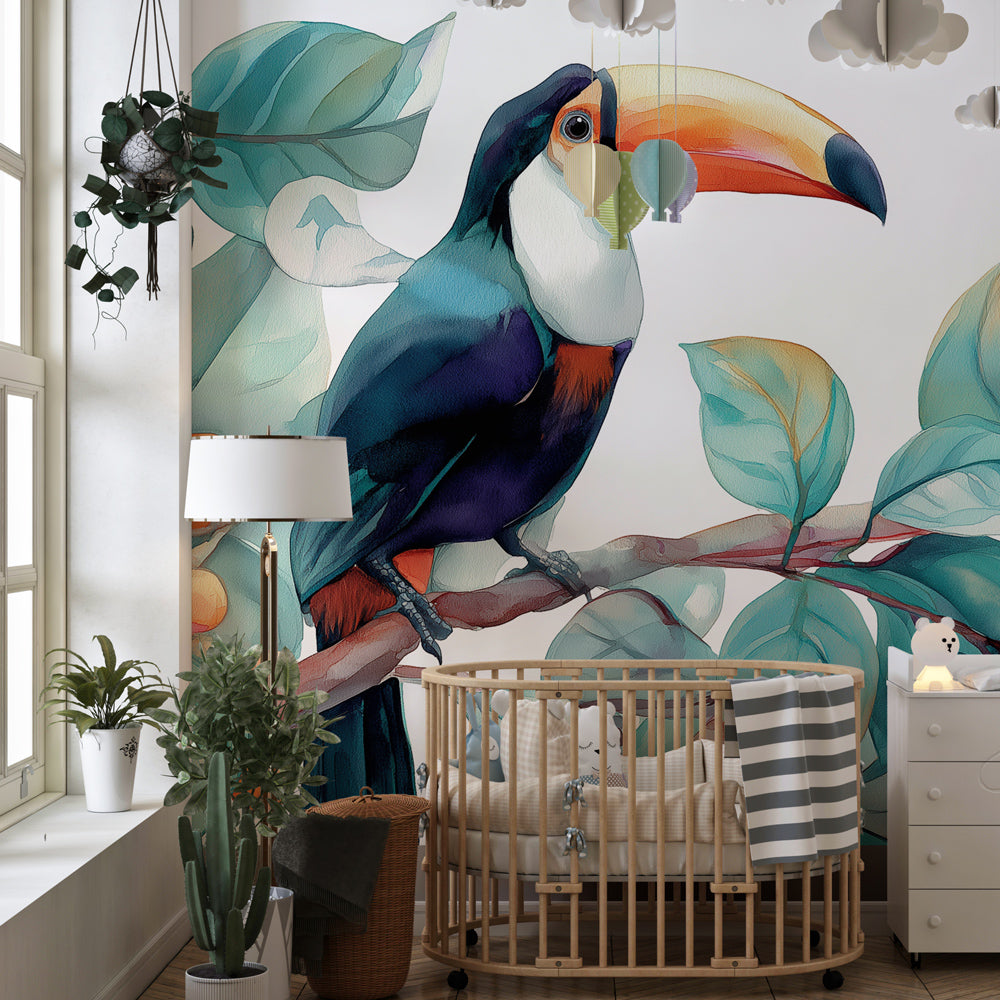 Colorful toucan bird wallpaper creating tropical paradise theme in children's bedroom