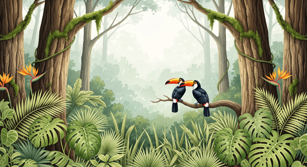 Toucans in a Misty Jungle Wall Mural