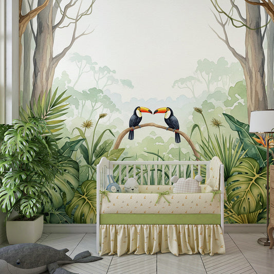 Kids-Mundo toucan jungle wall mural decorating a colourful kids bedroom feature wall
