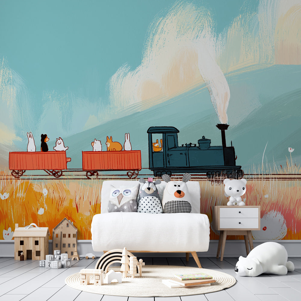 Animal train wallpaper creating playful kids bedroom decor with flower meadow theme