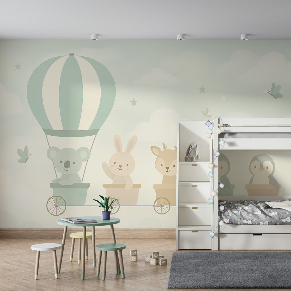 Dreamy sky train wallpaper with floating animals creating magical kids bedroom decor