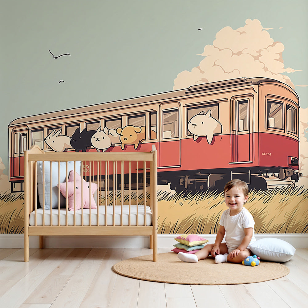 Train animals mural wallpaper in cozy nursery with vintage railway adventure theme by Kids-Mundo