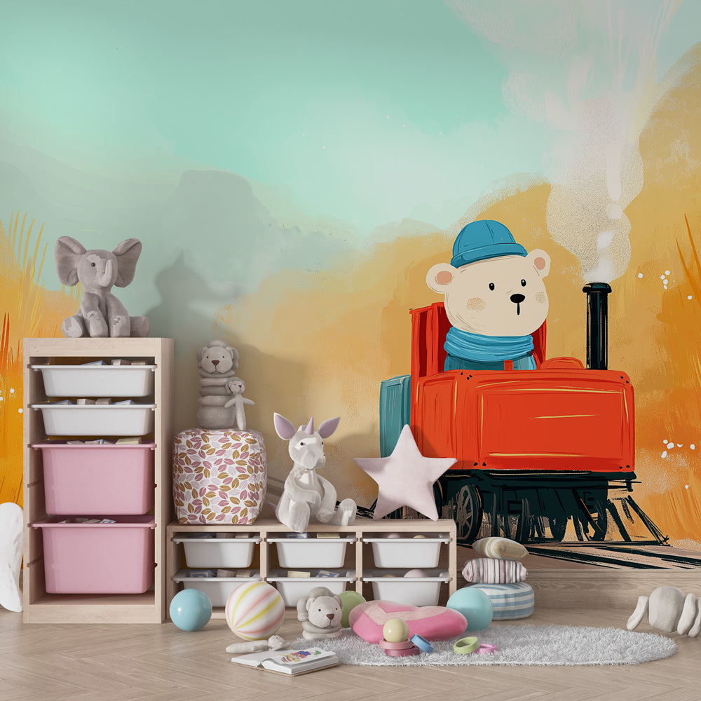 Teddy bear train wallpaper creating playful kids bedroom decor with blue and orange colors