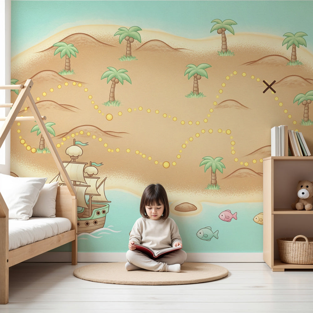 Treasure map mural wallpaper creating adventurous pirate-themed kids bedroom by Kids-Mundo