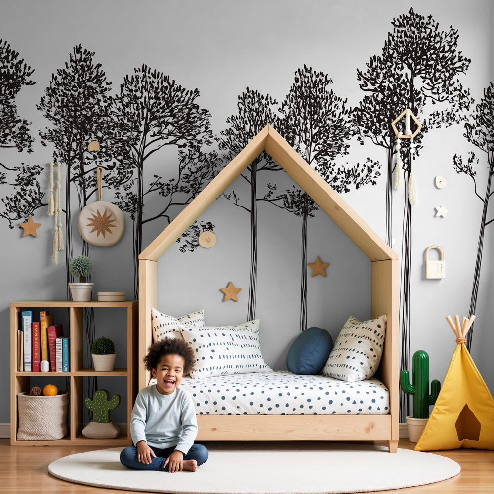 Minimalist black white tree mural wallpaper in modern nursery room by Kids-Mundo