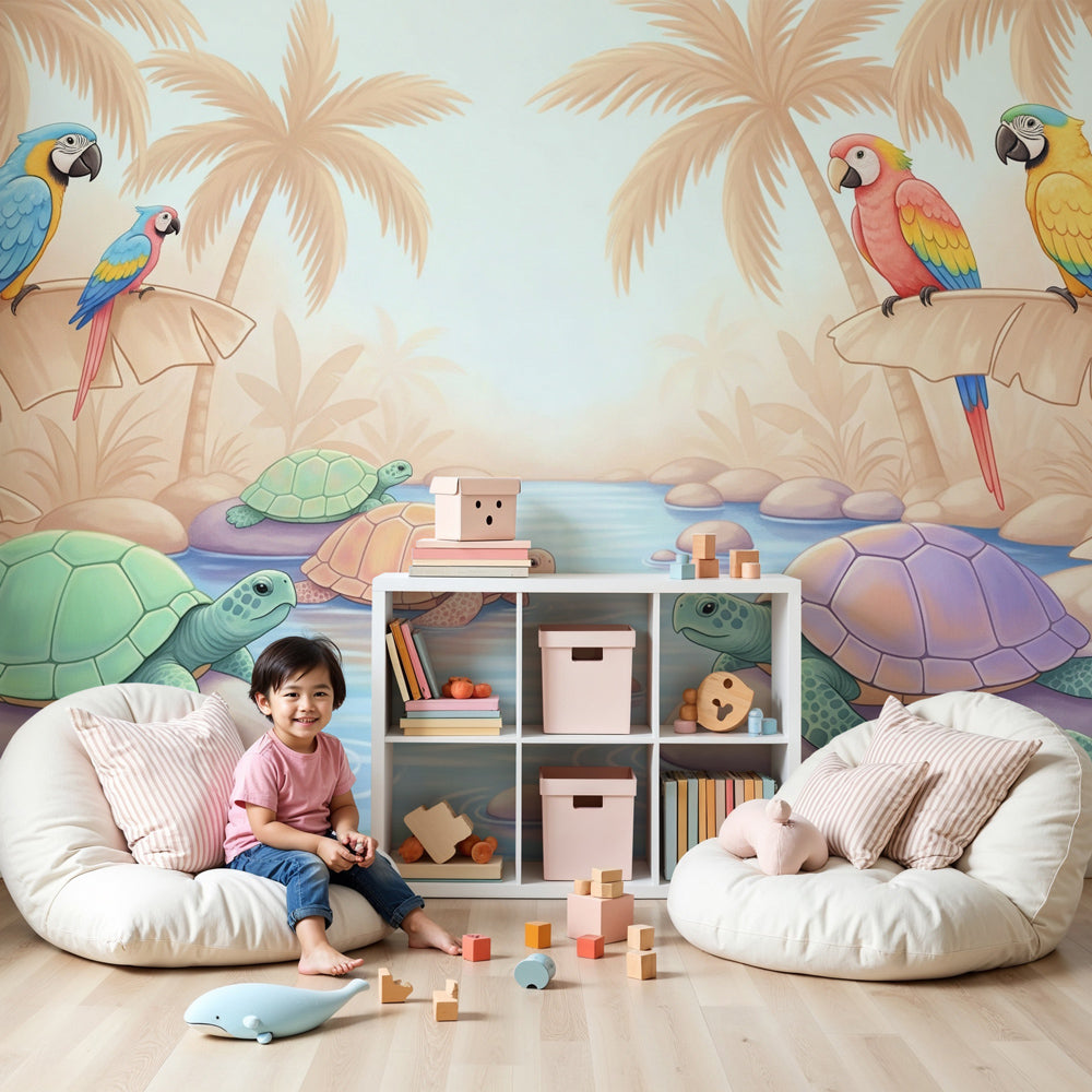 Tropical animals mural wallpaper with turtles and parrots in bright nursery by Kids-Mundo