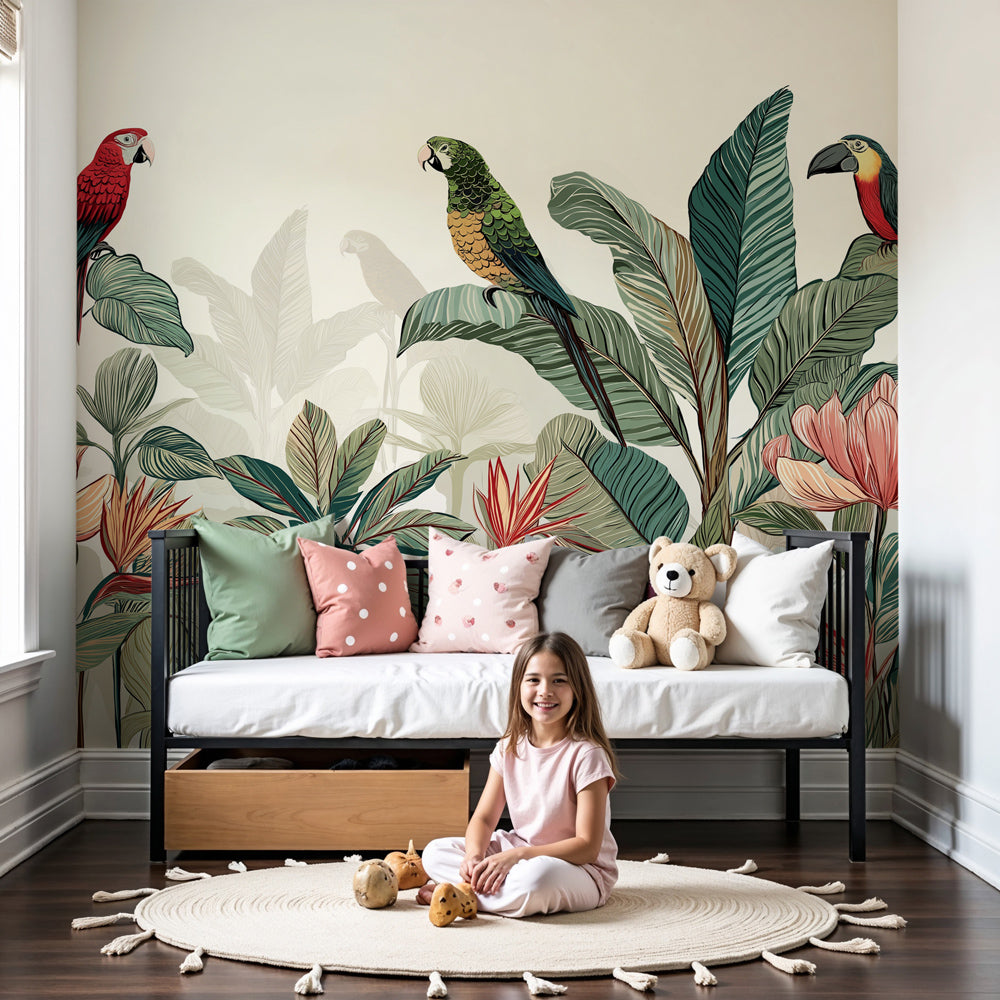 Tropical birds mural wallpaper with colorful parrots in modern nursery by Kids-Mundo