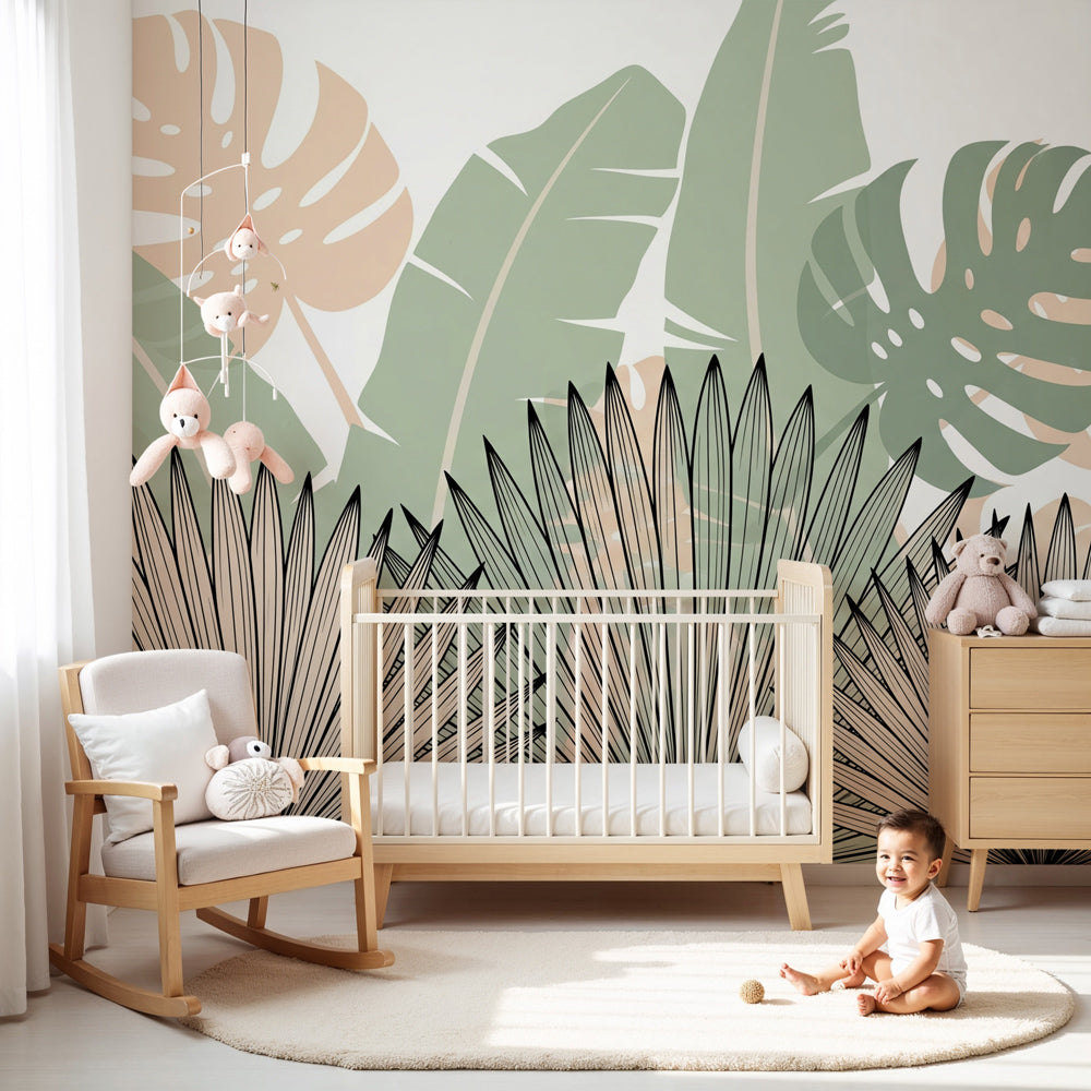 Tropical fern mural wallpaper creating serene nursery decor with palm leaves by Kids-Mundo
