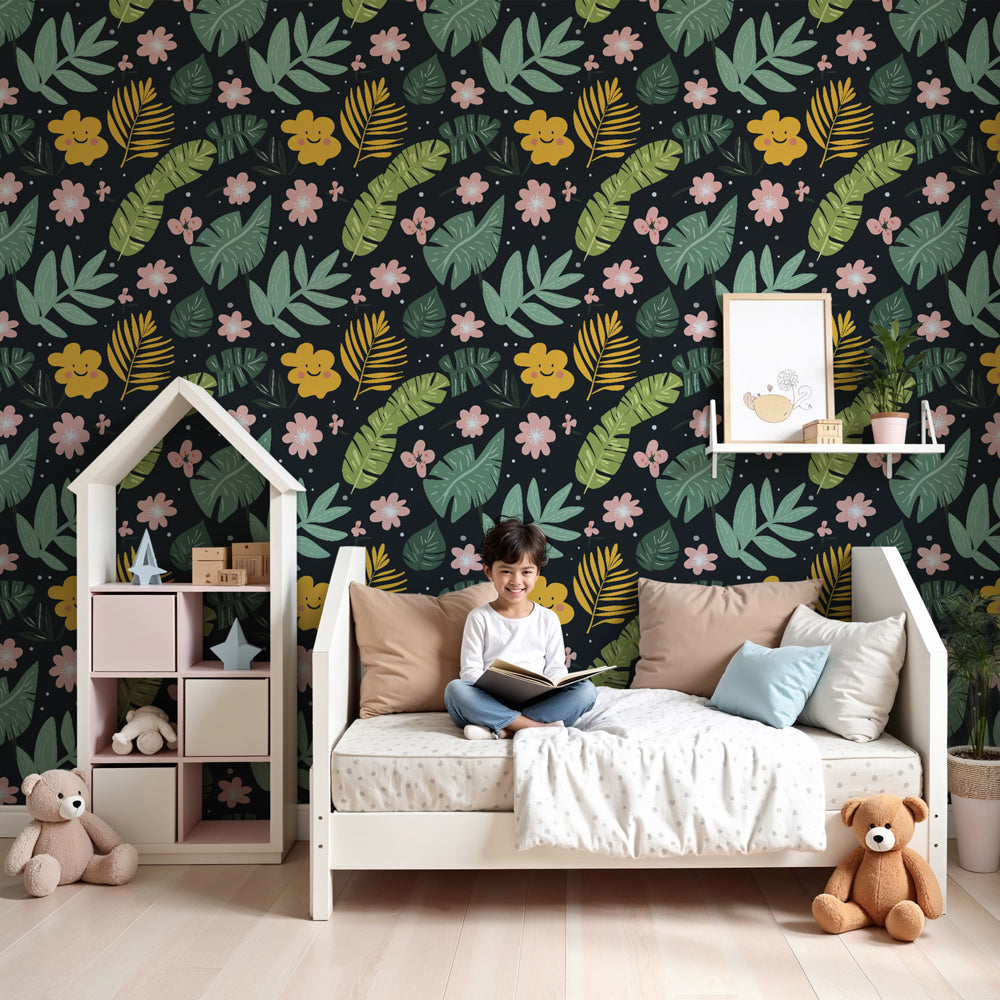 Tropical floral mural wallpaper with dark background creating botanical nursery decor by Kids-Mundo