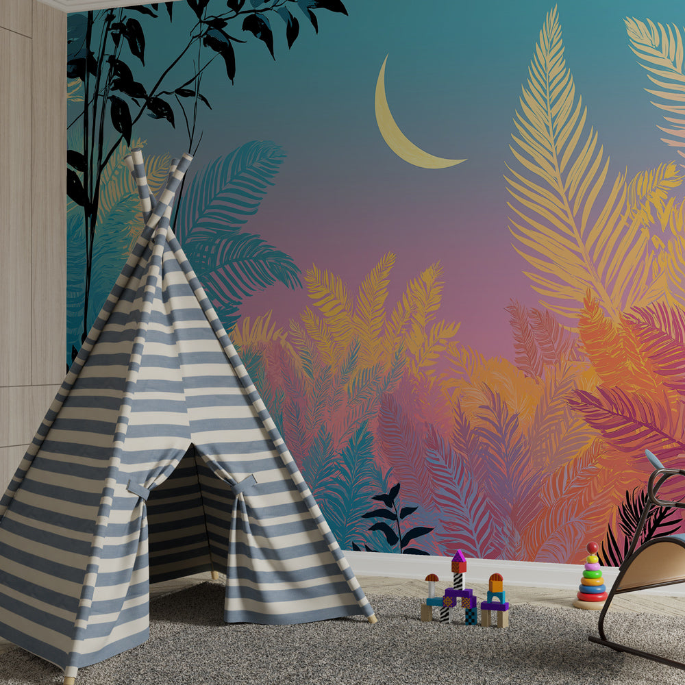 Starry night forest wallpaper transforming kids bedroom into peaceful jungle sanctuary