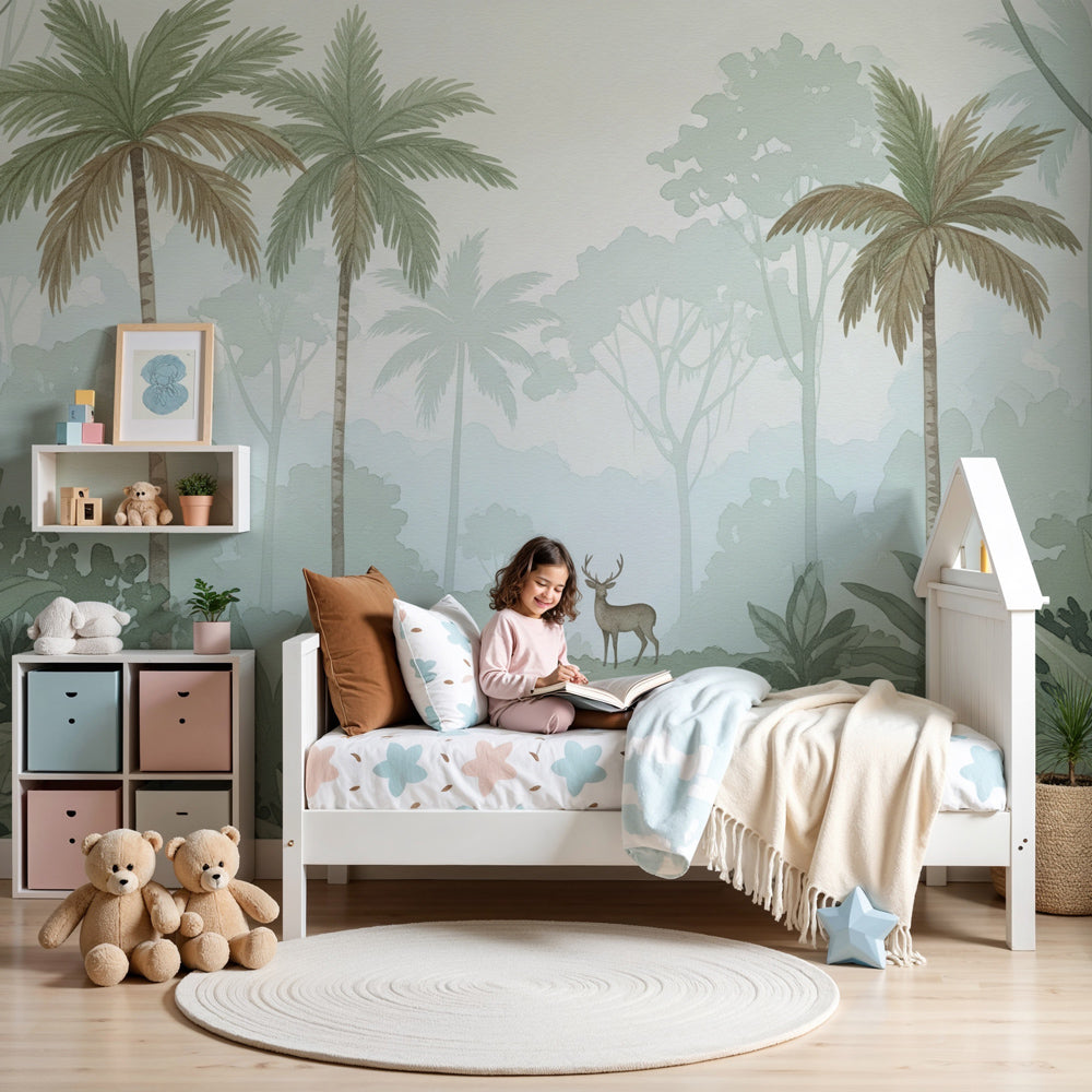 Tropical forest mural wallpaper with deer in peaceful nursery setting by Kids-Mundo