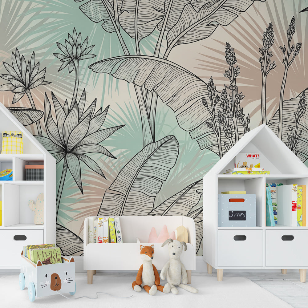 Pastel tropical jungle wallpaper creating botanical paradise in children's bedroom decor