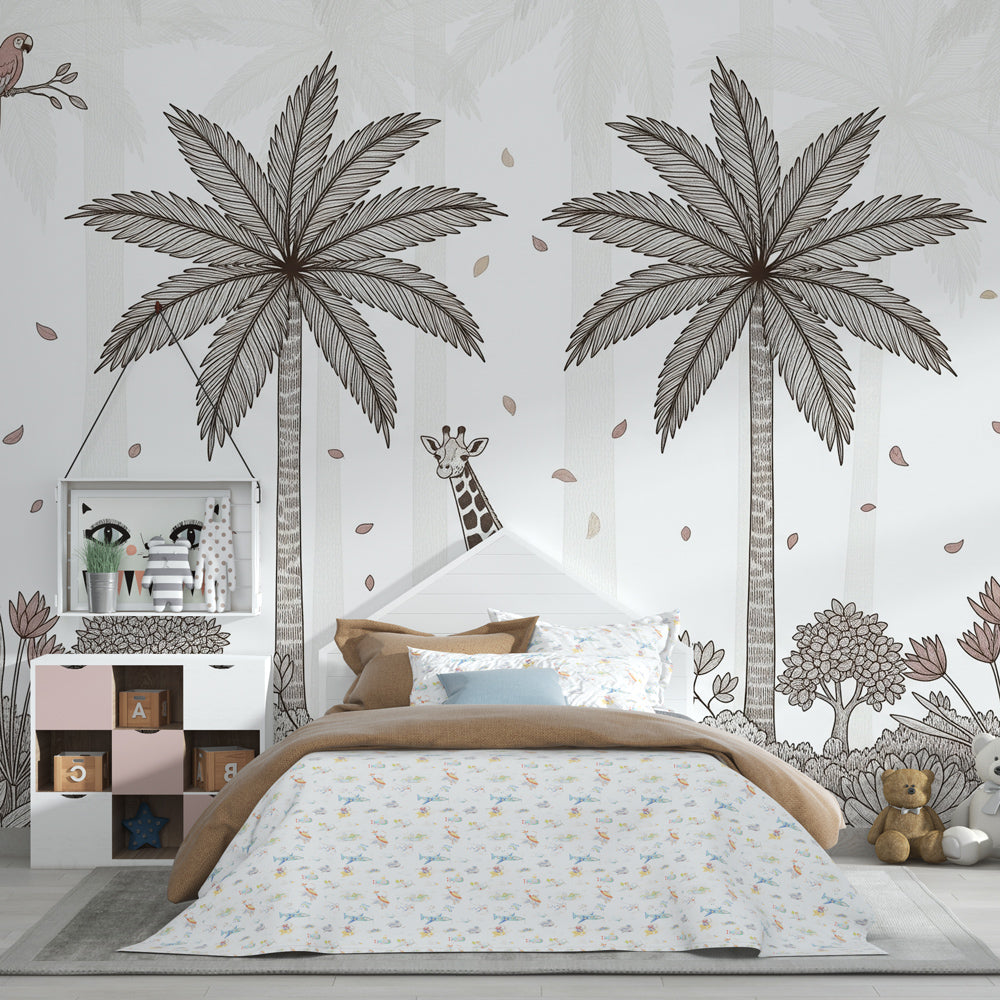 Jungle safari wallpaper with giraffe and palm trees in modern kids bedroom setting