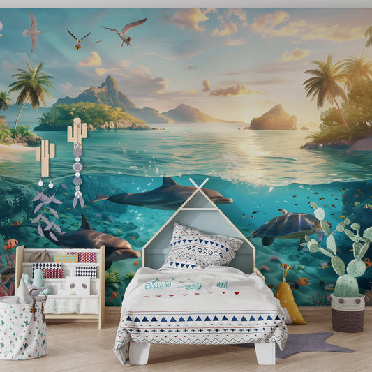 Kids-Mundo dolphin and sea turtle lagoon wall mural installed behind a bed in a children's bedroom
