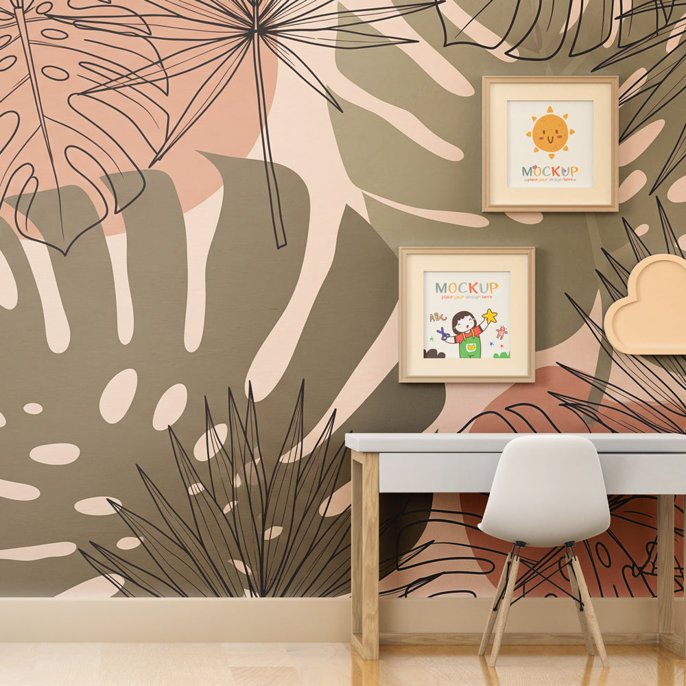 Watercolor jungle leaves wallpaper creating calming atmosphere in children's bedroom