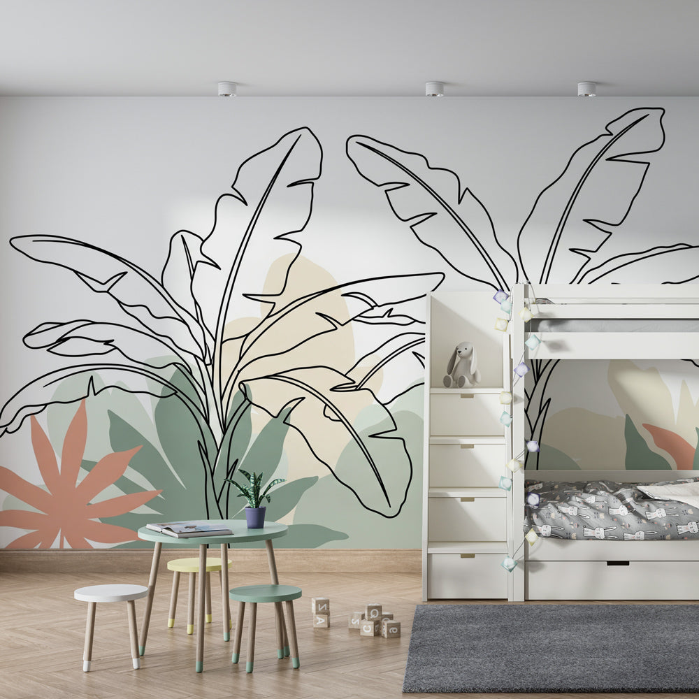 Minimalist tropical wallpaper with sage green palm fronds in children's bedroom setting