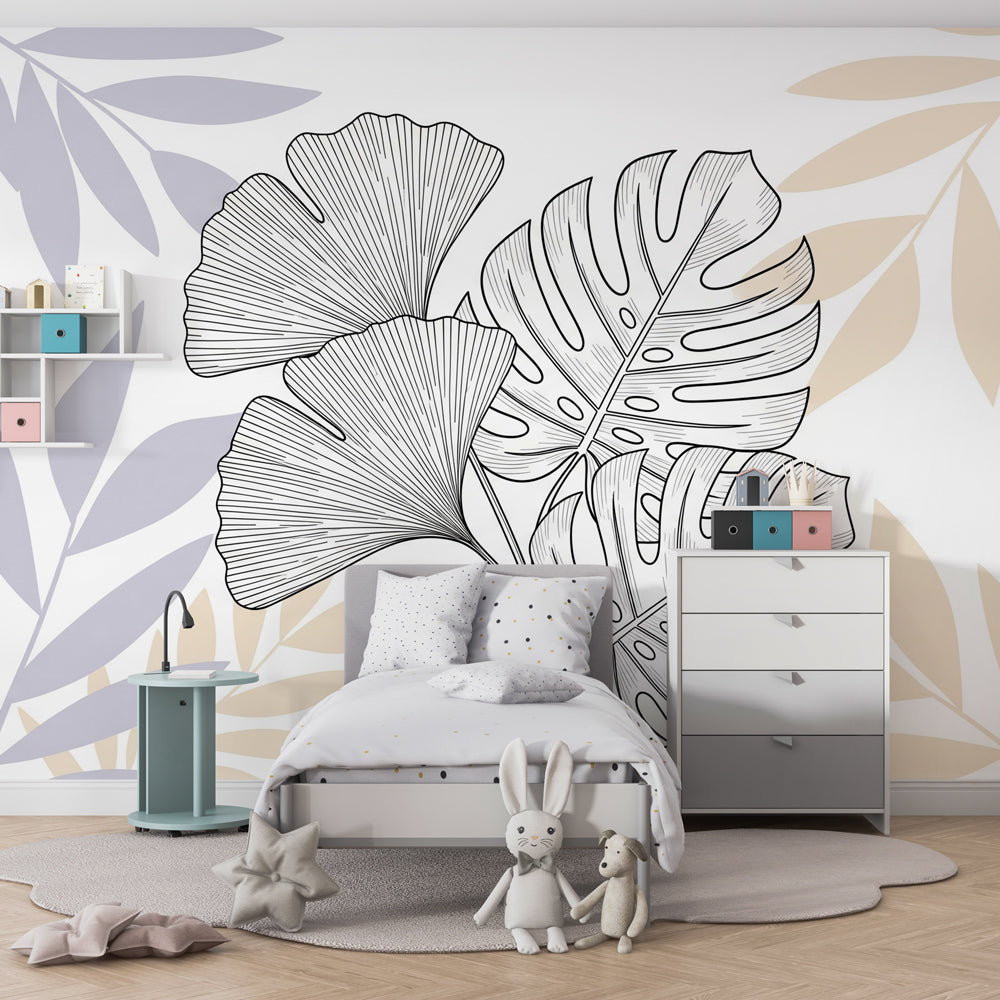 Monstera and ginkgo leaf wallpaper creating serene atmosphere in children's bedroom