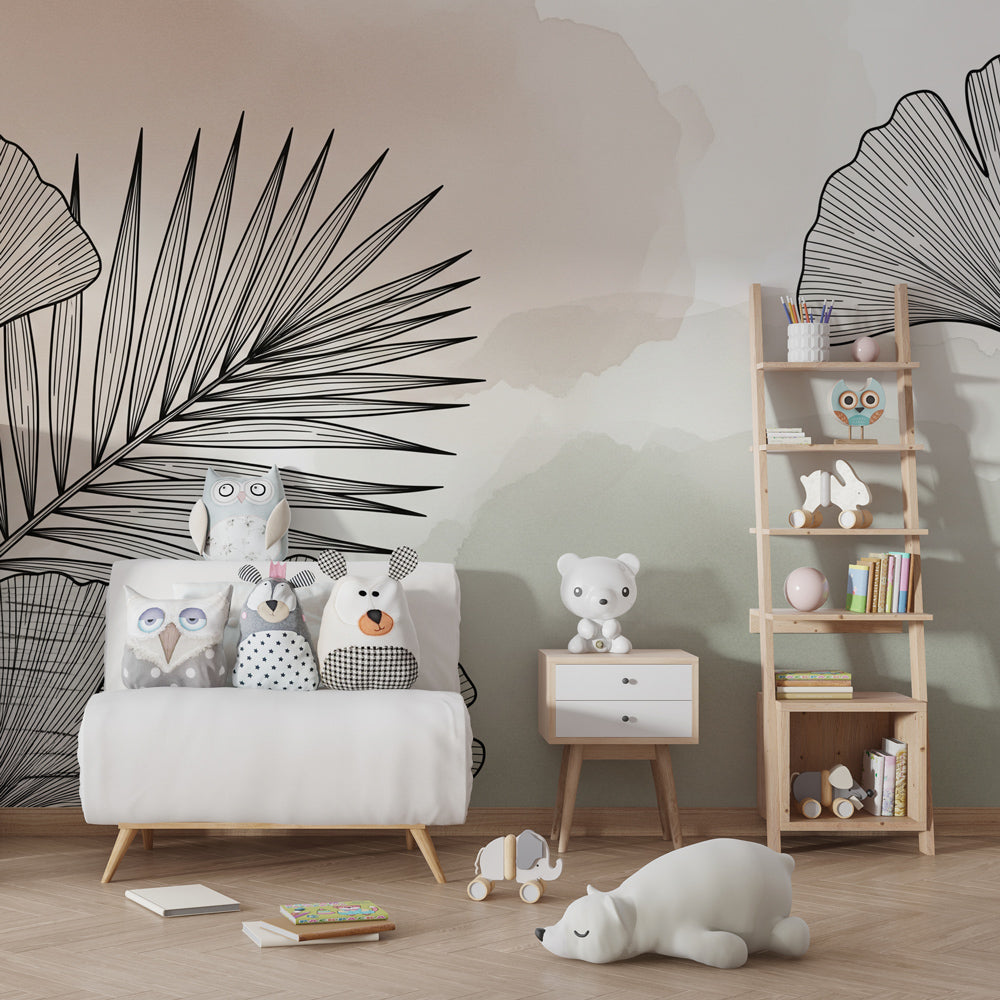 Elegant line art tropical wallpaper in modern children's bedroom setting with natural furniture