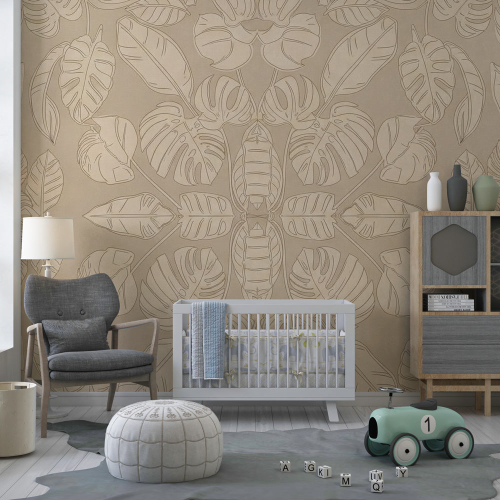 Beige botanical mural wallpaper with tropical leaves for modern children's bedroom