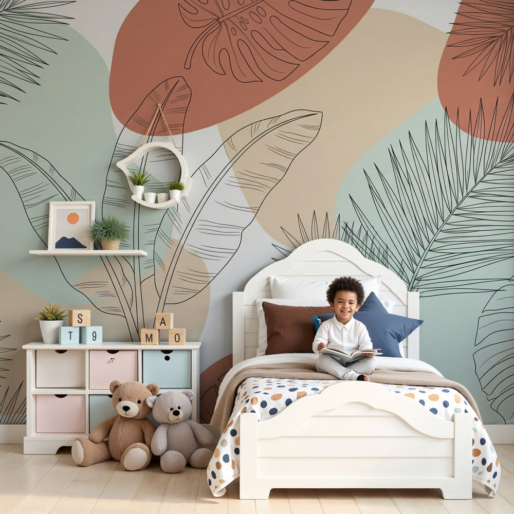 Tropical leaves mural wallpaper in serene nursery setting with natural wood furniture by Kids-Mundo