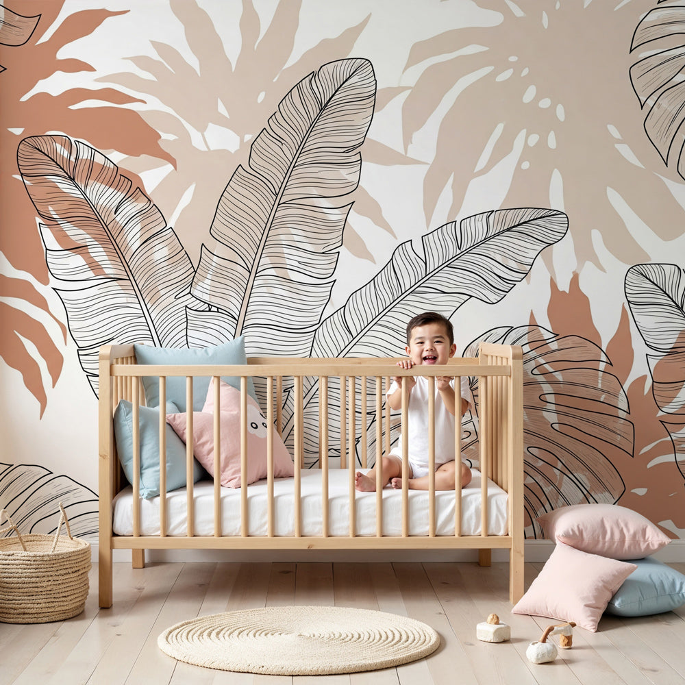 Tropical leaves mural wallpaper in modern nursery with natural wood furniture by Kids-Mundo