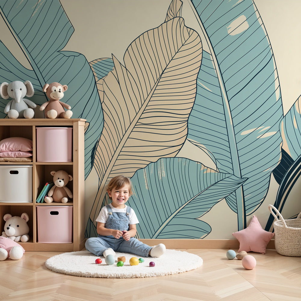 Tropical leaves mural wallpaper creating calming nursery atmosphere with blue and beige tones by Kids-Mundo