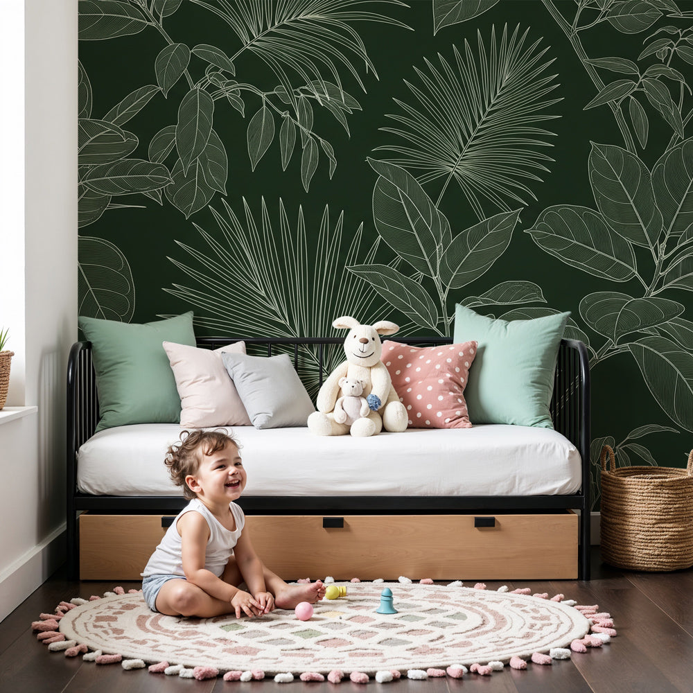 Tropical leaves mural wallpaper with white outlines creating serene nursery decor by Kids-Mundo