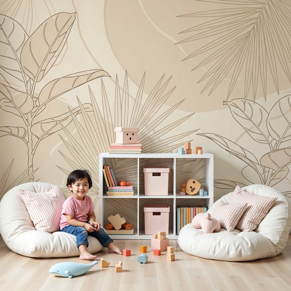 Tropical leaves mural wallpaper in beige tones creating serene nursery decor by Kids-Mundo