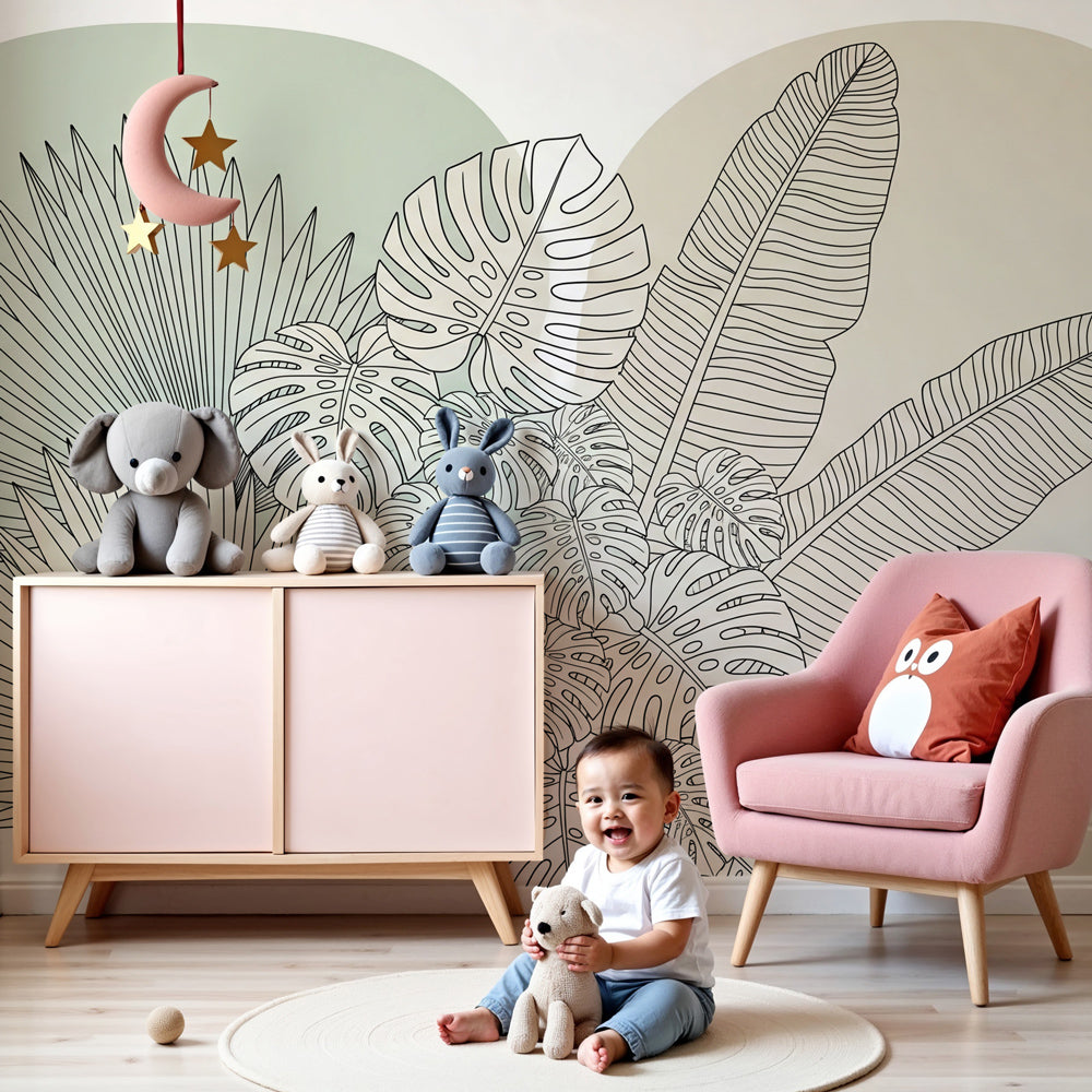 Tropical leaves outline mural wallpaper creating modern jungle nursery decor by Kids-Mundo