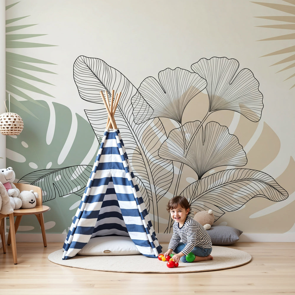 Tropical leaves mural wallpaper in sage green creating calming nursery atmosphere by Kids-Mundo