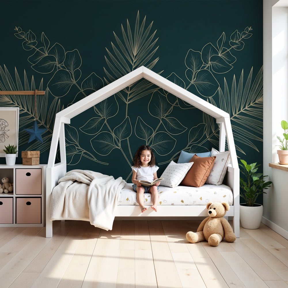 Tropical leaves mural wallpaper with golden foliage in elegant nursery room by Kids-Mundo