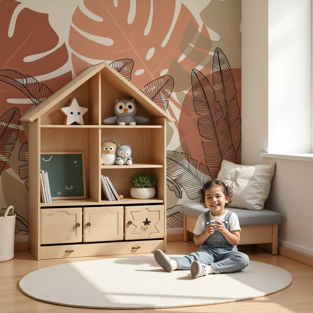 Tropical leaves mural wallpaper with monstera plants in modern nursery by Kids-Mundo