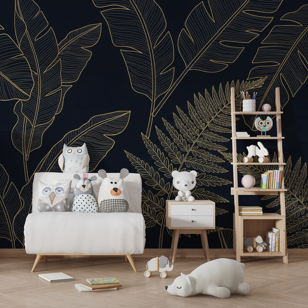 Dark background tropical wallpaper with gold leaves accent wall in modern nursery room