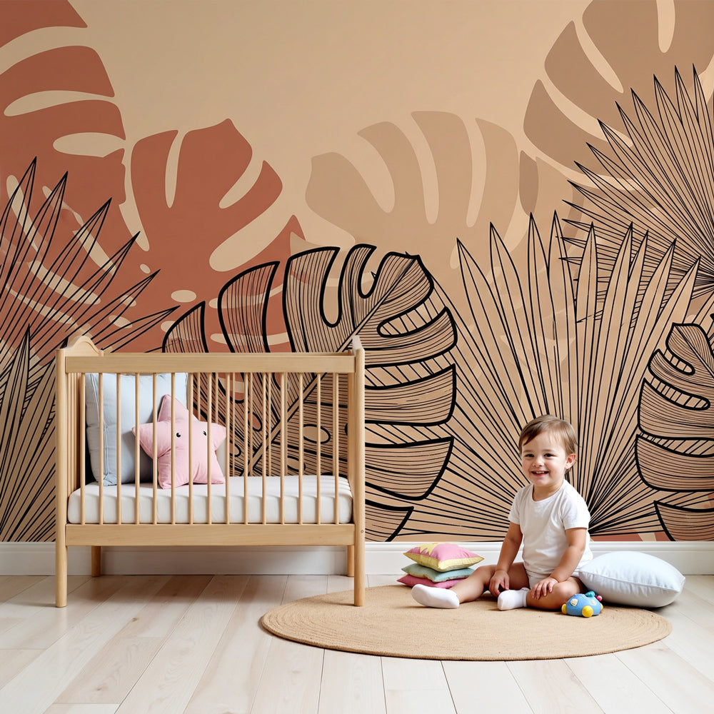 Tropical leaves mural wallpaper in terracotta tones decorating modern nursery by Kids-Mundo
