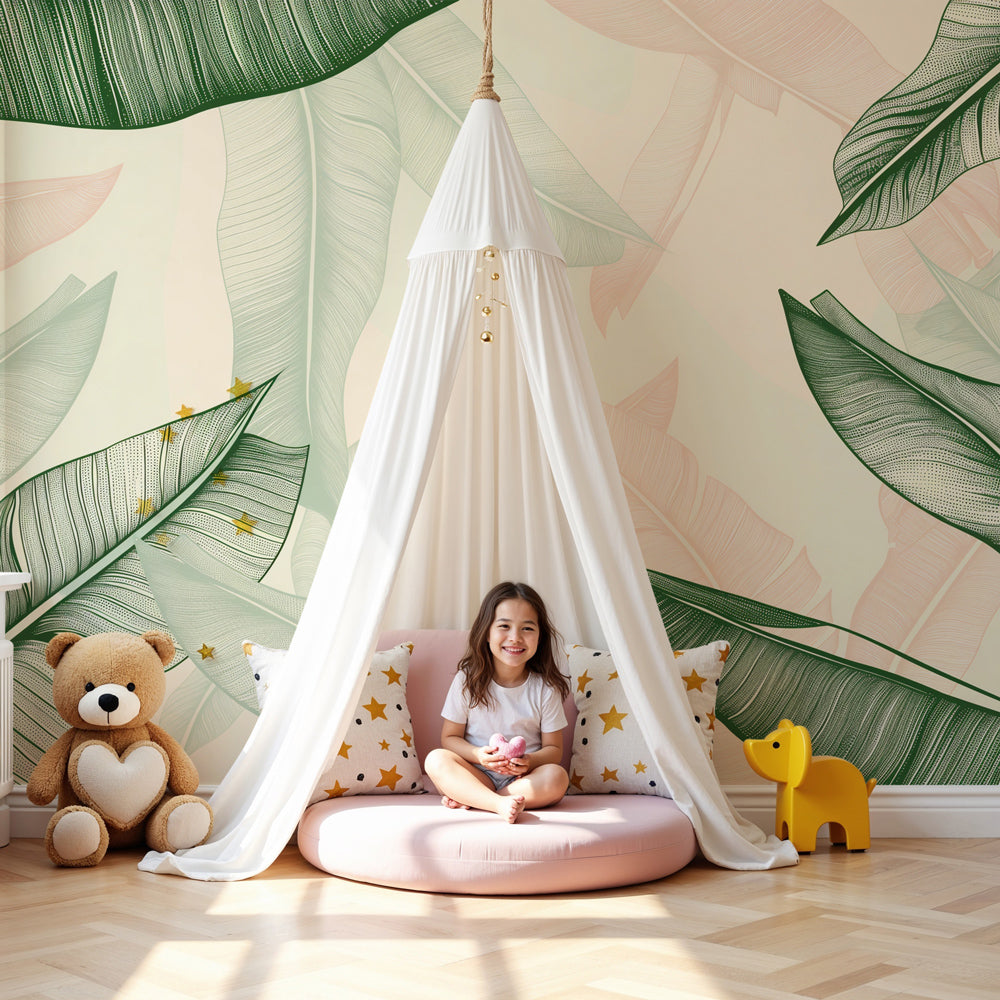 Tropical leaves mural wallpaper in soft green and pink creating serene nursery decor by Kids-Mundo
