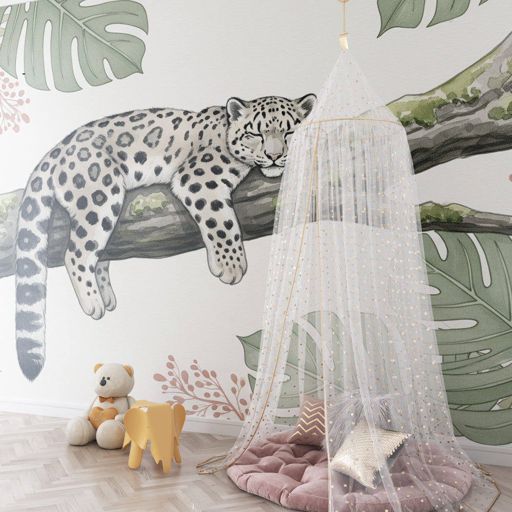 Jungle leopard wallpaper creating peaceful atmosphere in children's bedroom decor