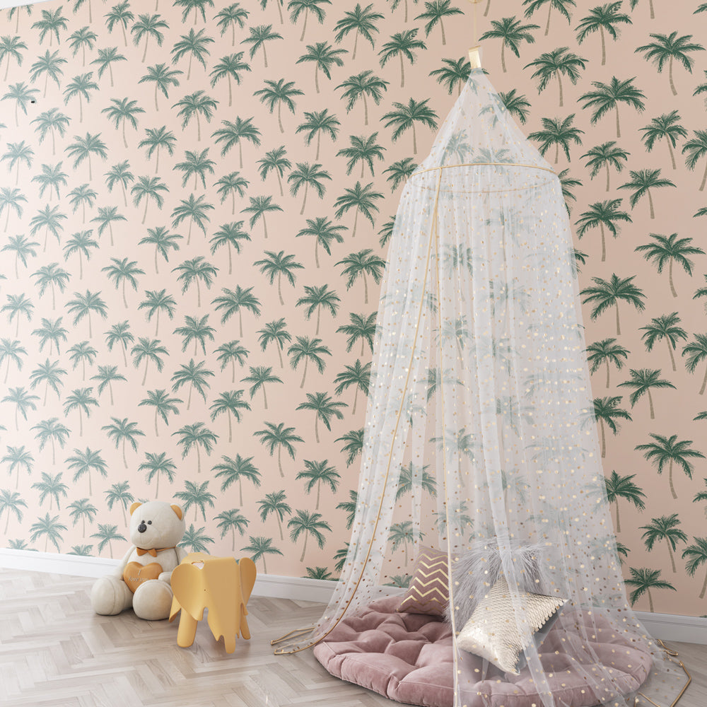 Pastel tropical wallpaper with palm trees decorating bright children's bedroom space